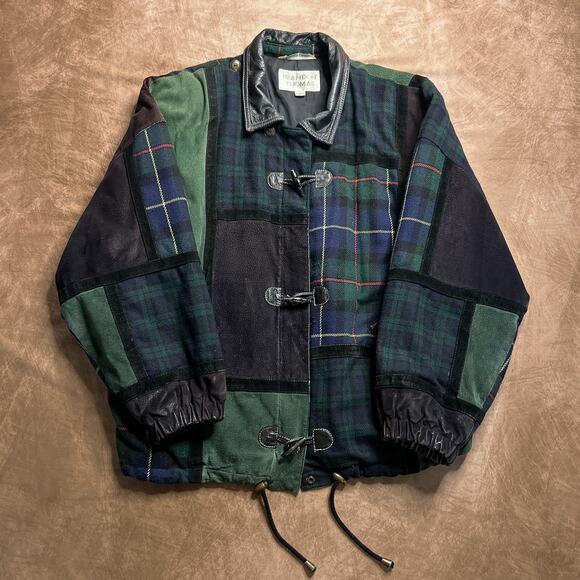 Vintage 90s Brandon Thomas Patchwork Suede Leather Bomber Jacket Plaid Zip Up - Picture 1 of 9